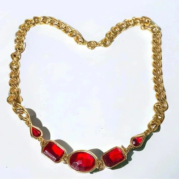 Vintage Red Chicklet Rhinestone Bezel Set Gold Tone Curb Chain Necklace - Picture 1 of 5